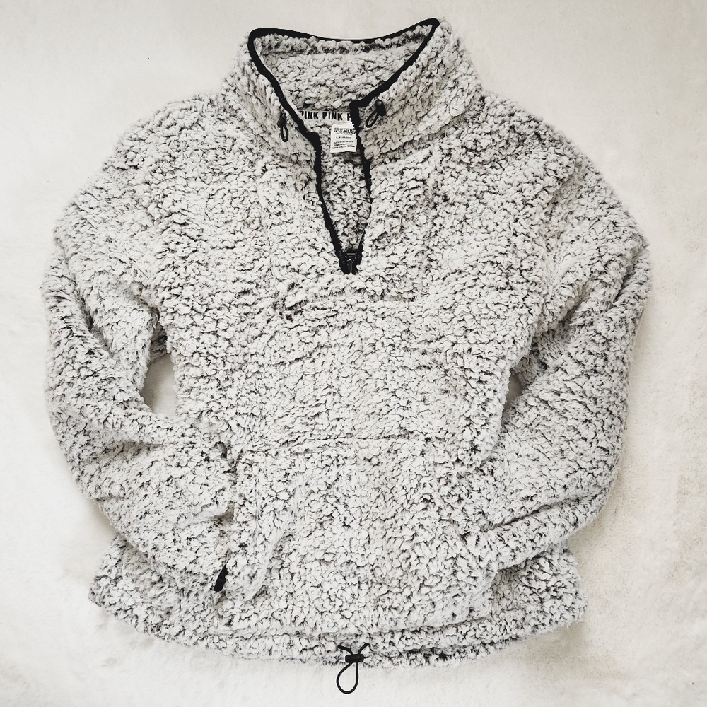 PINK VICTORIA'S SECRET VS SHERPA PULL OVER FLEECE FUZZY SWEATSHIRT LG L LARGE